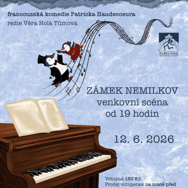 Divadelní představení Valčík tučňáků na nádvoří zámku Nemilkov