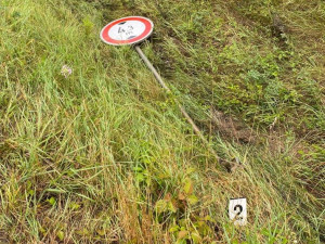 Auto zdemolovalo cestou do příkopu i dopravní značku