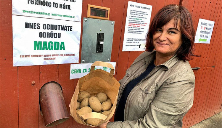 Spokojená zákaznice Šárka Vítková si právě koupila dvě kila brambor z bramboromatu