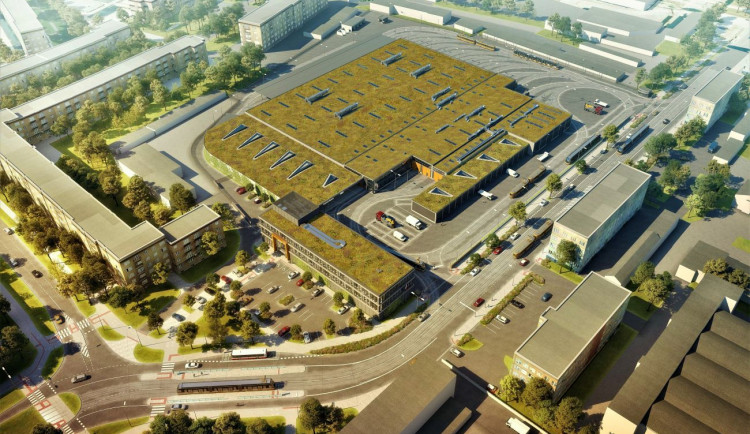 Vizualizace vozovny Slovany. Pozornost upoutá zejména obří zelená střecha