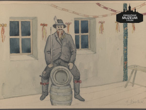 Akvarel Karla Koubka z poloviny 30. let 20. století zpodobňující postavu Bachusa připraveného v hostinci k pochování večer o masopustním úterý