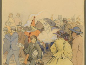 Akvarel Karla Koubka z poloviny 30. let 20. století zpodobňující zvyk pochovávání Bachusa v Plzeňských ulicích v čtvrté čtvrtině 19. století.