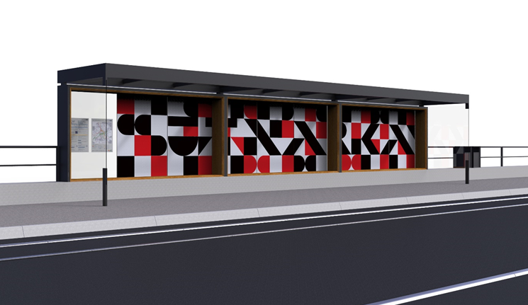 Vizualizace zastávek pro tramvajovou trať č. 4 v kampusu ZČU v Plzni. Autor designu je Radek Muzika