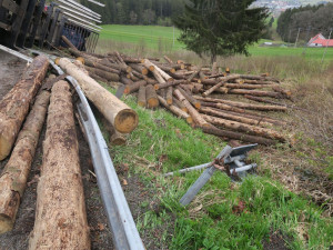 Kamion s nákladem dřeva nezvládl průjezd zatáčkou, položil se na bok a zřítil ze svahu