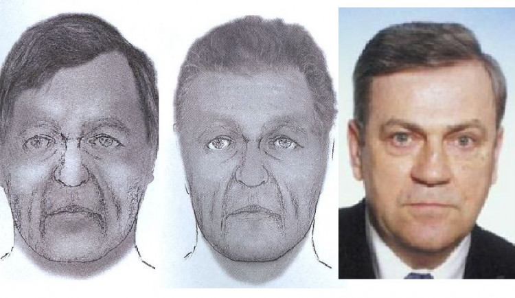 Portrét pohřešovaného muže vypracovaný na základě rekonstrukce obličeje, třetí tvář patří Lambertu Krejčířovi