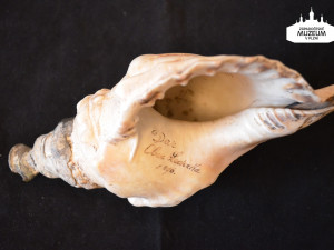 Pastýřská trouba na mraky zhotovená z mořské lastury, doplněná cínovým nátrubkem. Pro Národopisnou výstavu českoslovanskou v Praze roku 1895 sebráno v Ledcích u Plzně.