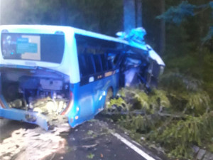 Autobus na Šumavském Špičáku vyjel ze silnice a roztříštil se o stromy