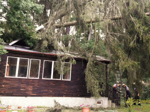 Z této chaty odstraňovali hasiči ještě dnes dva padlé stromy