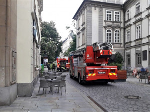 Kočka zachráněná při požáru bytu dostala od hasičů přímo na chodníku kyslíkovou terapii