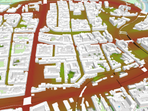 Vizualizace modelu hlukového zatížení dopravou zobrazená nad 3D modelem města