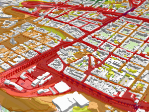 Vizualizace 3D modelu hlukového zatížení dopravou zobrazená nad 3D modelem města