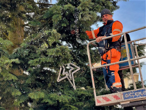 Zdobení vánočního stromu na plzeňském náměstí Republiky je v plném proudu