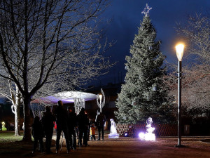 Plzeňská městská část Doubravka rozsvítila vánoční strom, ledové sochy jsou k vidění do úterý