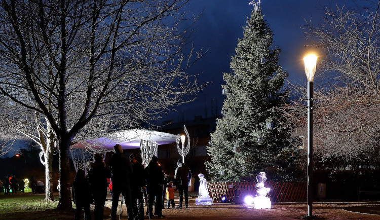 Plzeňská Doubravka rozsvítila vánoční strom, ledové sochy jsou k vidění do úterý