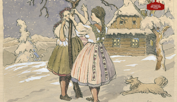 Vyobrazení vánočního zvyku "třesení bezem" malířem Karlem Koubkem, zdroj: ZČM