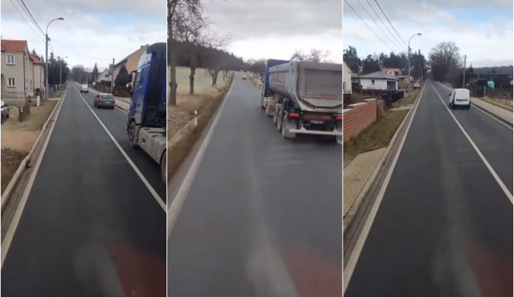 Jízda v protisměru a předjíždění v obci přes plnou čáru, řidič náklaďáku sám sebe usvědčil na videu z kabiny