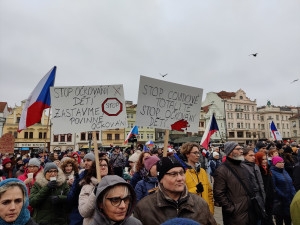 Odpůrci povinného očkování zaplnili plzeňské náměstí, promluvili policisté, lékaři i Tomáš Ortel