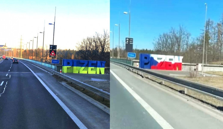 Sprejeři nastříkali nápis PLZEŇ ukrajinskými barvami, po kritice ho někdo předělal na českou verzi