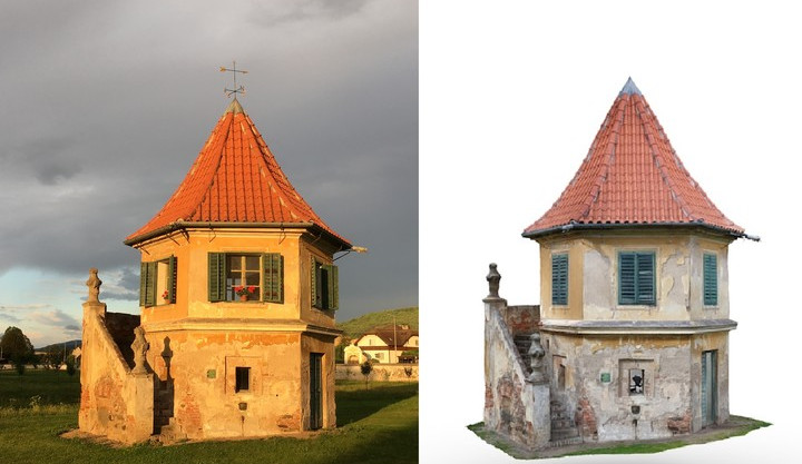 Gloriet v areálu zámku v Červeném Poříčí v porovnání se svým virtuálním dvojčetem.