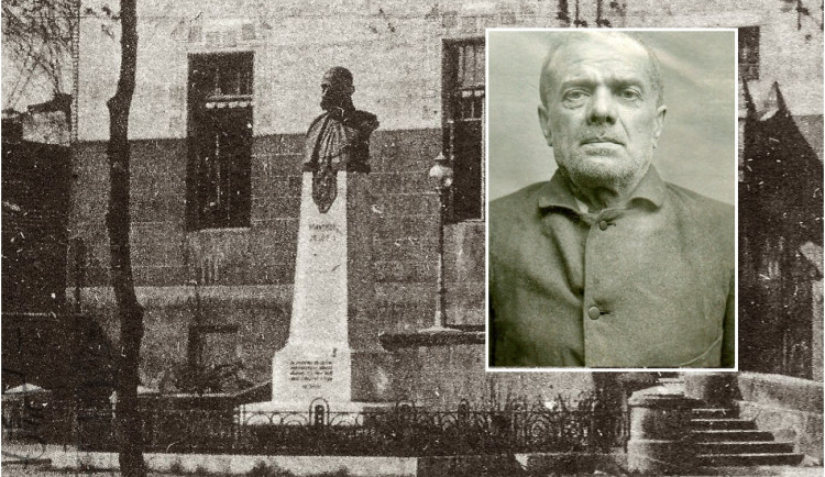 Busta Františka Josefa I. se nacházela v Pallově ulici před budovu tehdejší střelnice, zdroj: Archiv Majáku Plzně. Druhý snímek zobrazuje trestance Doubka, který si za urážky císaře odseděl přes 10 let