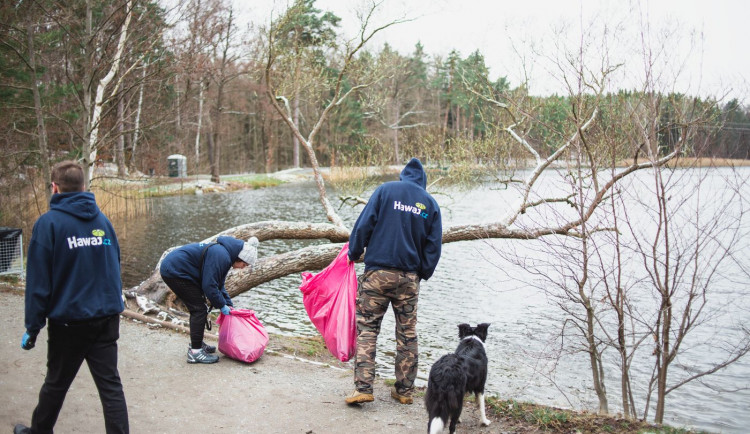 Do boje s odpadky u rybníku Kameňák vyrazili místo teambuildingu zaměstnanci e-shopu Hawaj.cz