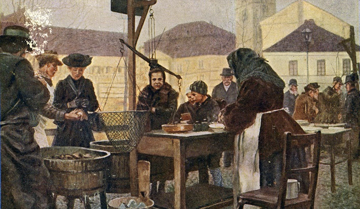 Stará pohlednice s prodejem ryb u Mlýnské strouhy, zdroj: Archiv města Plzně