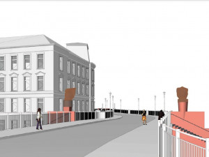 Vizualizace umístění soch na nových schodištích Rooseveltova mostu