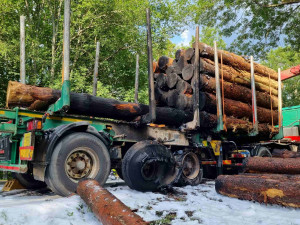 Kamion s nákladem dřeva náhle vzplál, statečný řidič dokázal hydraulickou rukou vyložit většinu hořících klád