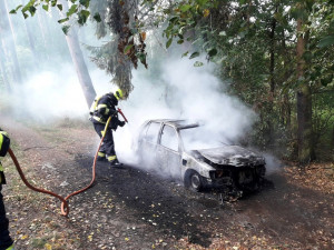 Požár zcela zdemoloval elektromobil, hořet začal při nabíjení v chatové kolonii