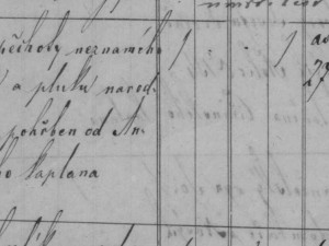 Přepis zápisu z matriky: 7. července v 8 hodin ráno zemřel a 9 pohřben Vojín od c. k. pěchoty neznámého jména příjmení a pluku nádodnosti rumunské pohřben od Antonína Čižínského kaplana asi 27 (let stár) Dle listu úmrtí od 8. července 1866 zemřel následke