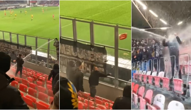 VIDEO: Sparťanští fanoušci bránili hasičům likvidovat hořící pyrotechniku, házeli po nich i kusy sedaček