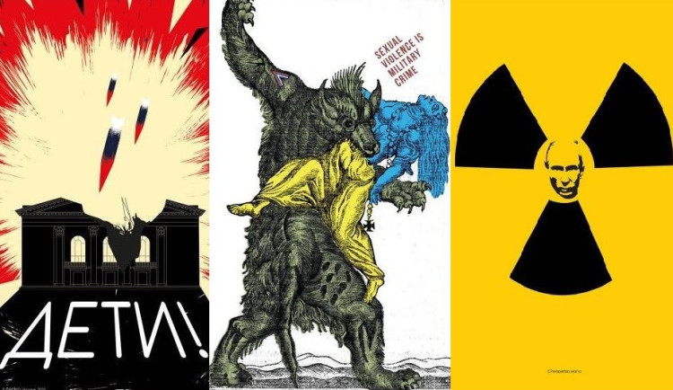 Knihovna vystavuje plakáty reagující na vpád ruských vojsk na Ukrajinu. Autory jsou mladí umělci z Kyjeva