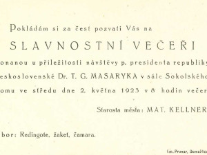 Pozvánka na slavnostní večeři s TGM v Domažlicích, 1923, květen, AM Domažlice, inv. č. 1872, kar. 983