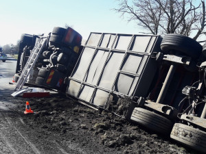 Kamion s nákladem dřeva se převrátil na bok mimo silnici, řidič utrpěl při nehodě zranění