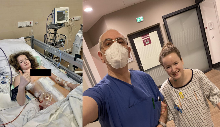 Julie krátce po operaci. Na druhém snímku je s jedním z německých lékařů