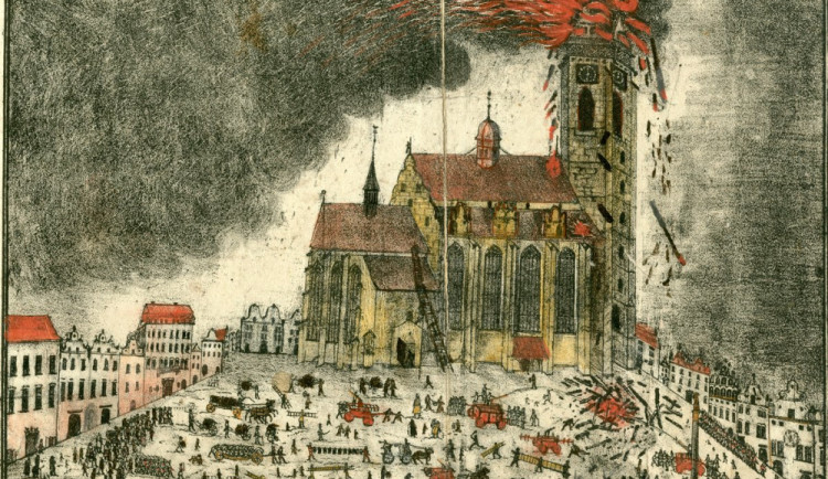 Další ničivý požár postihl Plzeň v roce1835, kdy blesk zapálil věz kostela sv. Bartoloměje, zdroj: Archiv města Plzně