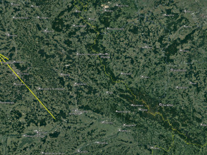 Průmět dráhy bolidu EN260623_204511 na zemský povrch (sklon dráhy k povrchu byl 30 stupňů). Bolid začal svítit ve výšce 101 km v oblasti mezi městy Ingolstadt a Regensburg, maximální jasnost -17,4 magnitudy dosáhl ve výšce 56 km nad Norimberkem a pohasl v