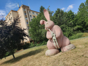 Kontroverzní socha růžového králíka se rozpadá před očima, kvůli špatnému stavu bude obvod jednat o jeho dalším osudu