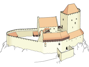 Předpokládaná podoba hradu Věžka dává představu o významu lokality ve středověku (kresba M. Pišl, 2022)
