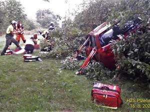 Auto vyletělo v zatáčce ze silnice, narazilo do sloupu a skončilo v husté vegetaci. Řidička je v kritickém stavu