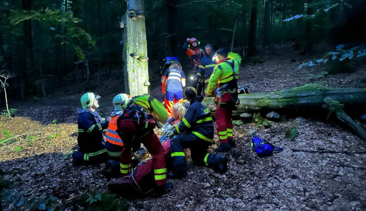 Muž zkolaboval v nepřístupném terénu v lese pod rozhlednou, záchranáři se za ním spustili z vrtulníku