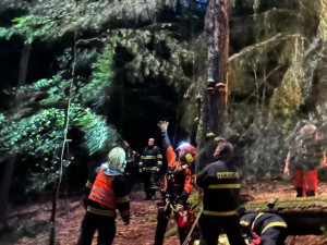 Muž zkolaboval v nepřístupném terénu v lese pod rozhlednou, záchranáři se za ním spustili z vrtulníku