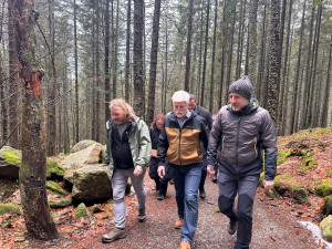 Prezident ve sportovním oblečení vyrazil ostrým tempem do kopce k výběhu se šumavskými vlky. Viděl jich 11 ze 13