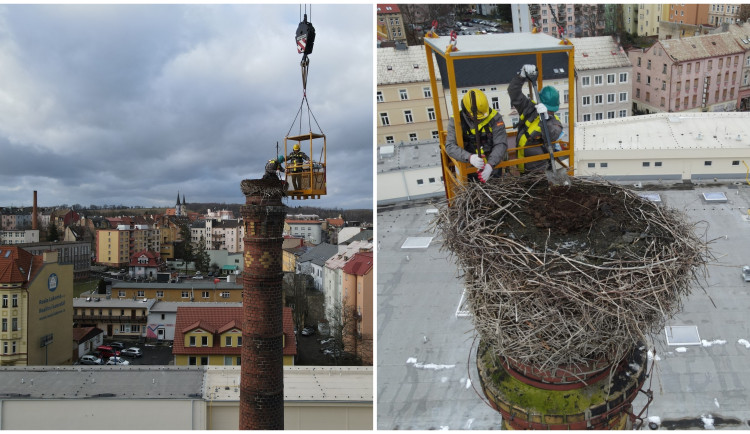 Pracovníci hobbymarketu upravili staré hnízdo čápů na 24 metrů vysokém komíně, práci jim ztěžoval vítr a zima
