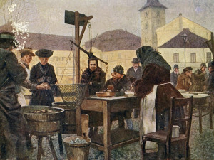 Stará pohlednice s prodejem ryb u Mlýnské strouhy, zdroj: Archiv města Plzně