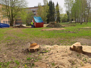 Kácení dřevin a demolice starých garáží. V areálu Rokycanské nemocnice se pohybují dělníci