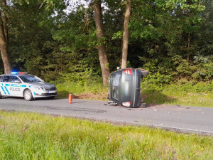 Řidič se chtěl vyhnout lesní zvěři a strhnul řízení, skončil zraněný a převrácený na boku