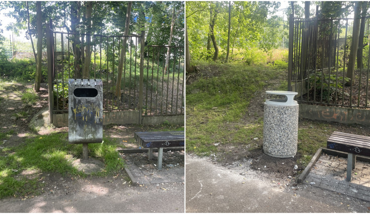 Čapkova ulice, plechový koš před výměnou a nový betonový koš po výměně