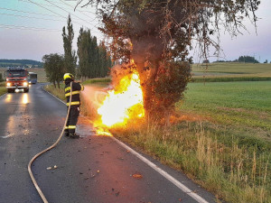 Osobák vylétl ze silnice, narazil do stromu a začal hořet, řidič skončil v nemocnici