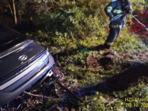 Řidič skočil s elektromobilem do rybníku. Auto dokázalo uplavat 100 metrů, téměř až ke druhému břehu